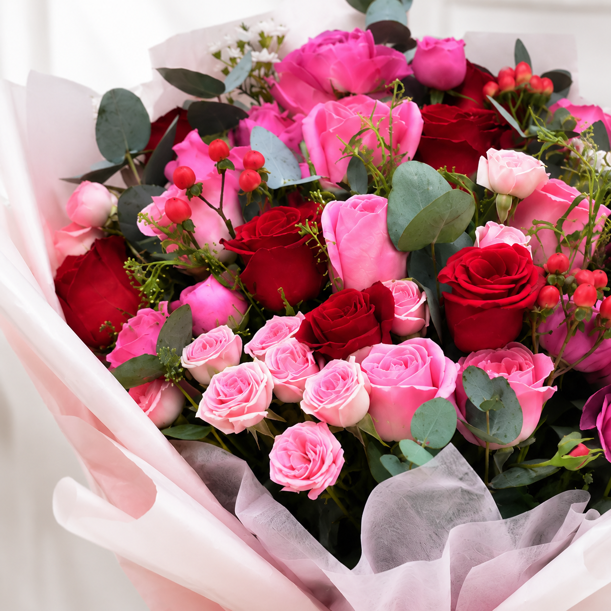 75 Roses – Red, Purple & Baby Pink