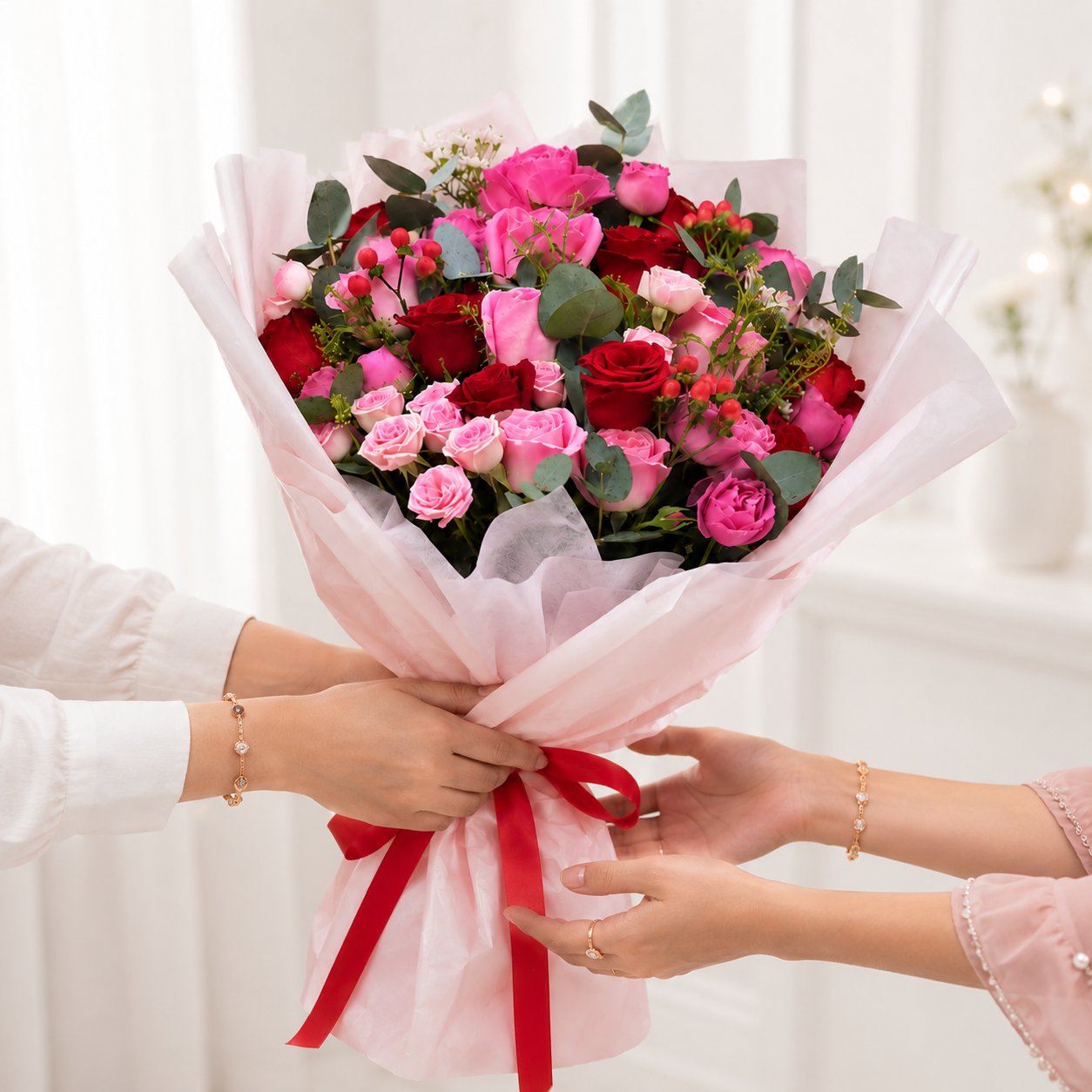 75 Roses – Red, Purple & Baby Pink