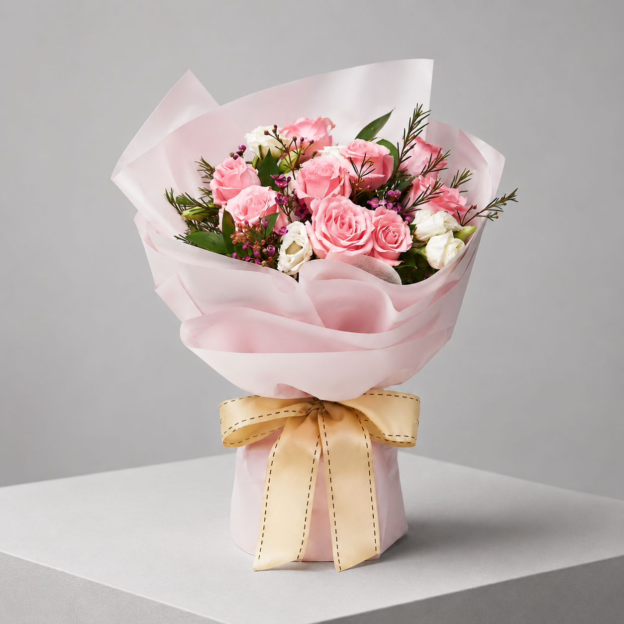 Affectionate Pink Roses with  Greens Filler