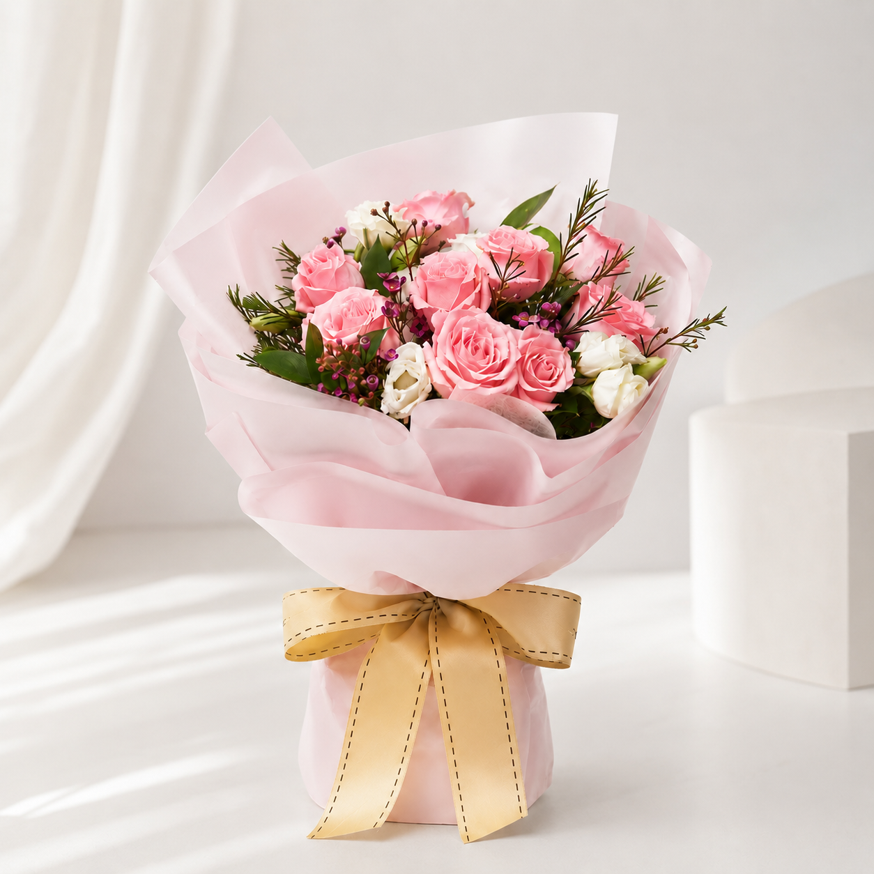Affectionate Pink Roses with  Greens Filler