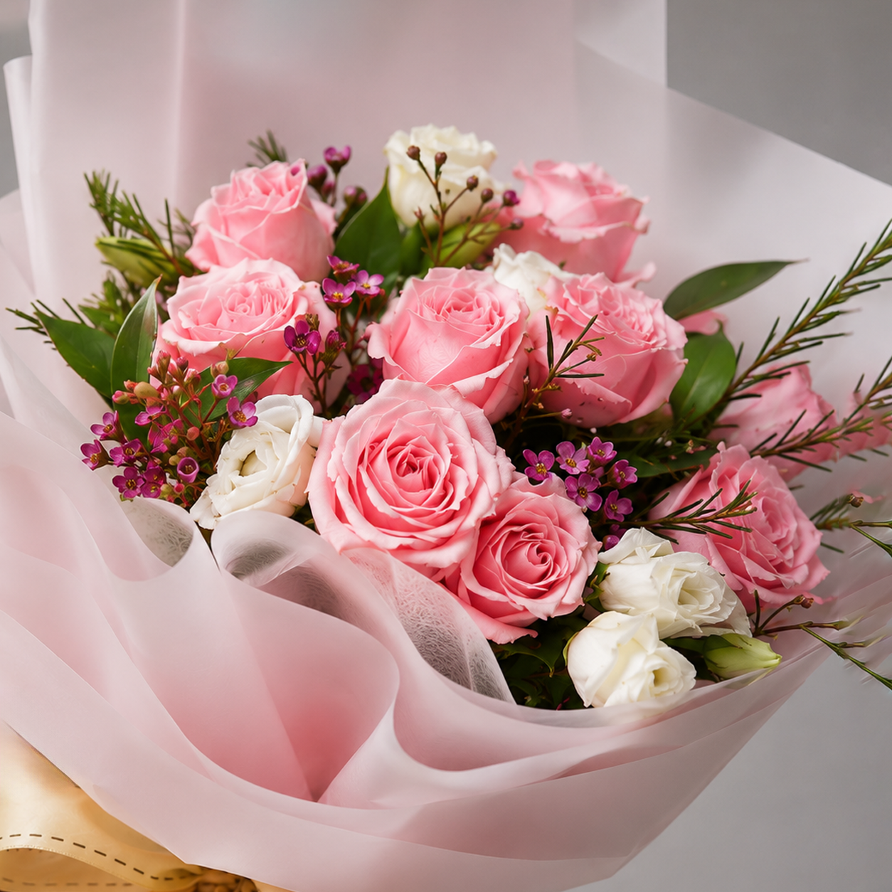 Affectionate Pink Roses with  Greens Filler