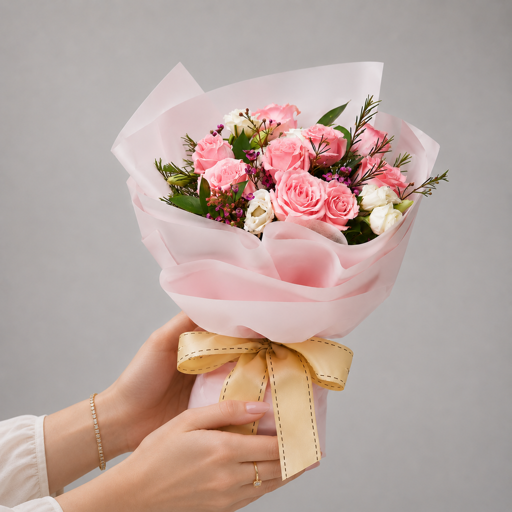 Affectionate Pink Roses with  Greens Filler