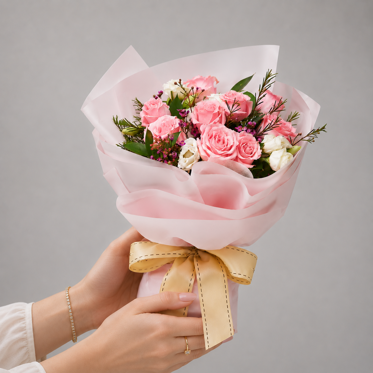 Affectionate Pink Roses with  Greens Filler
