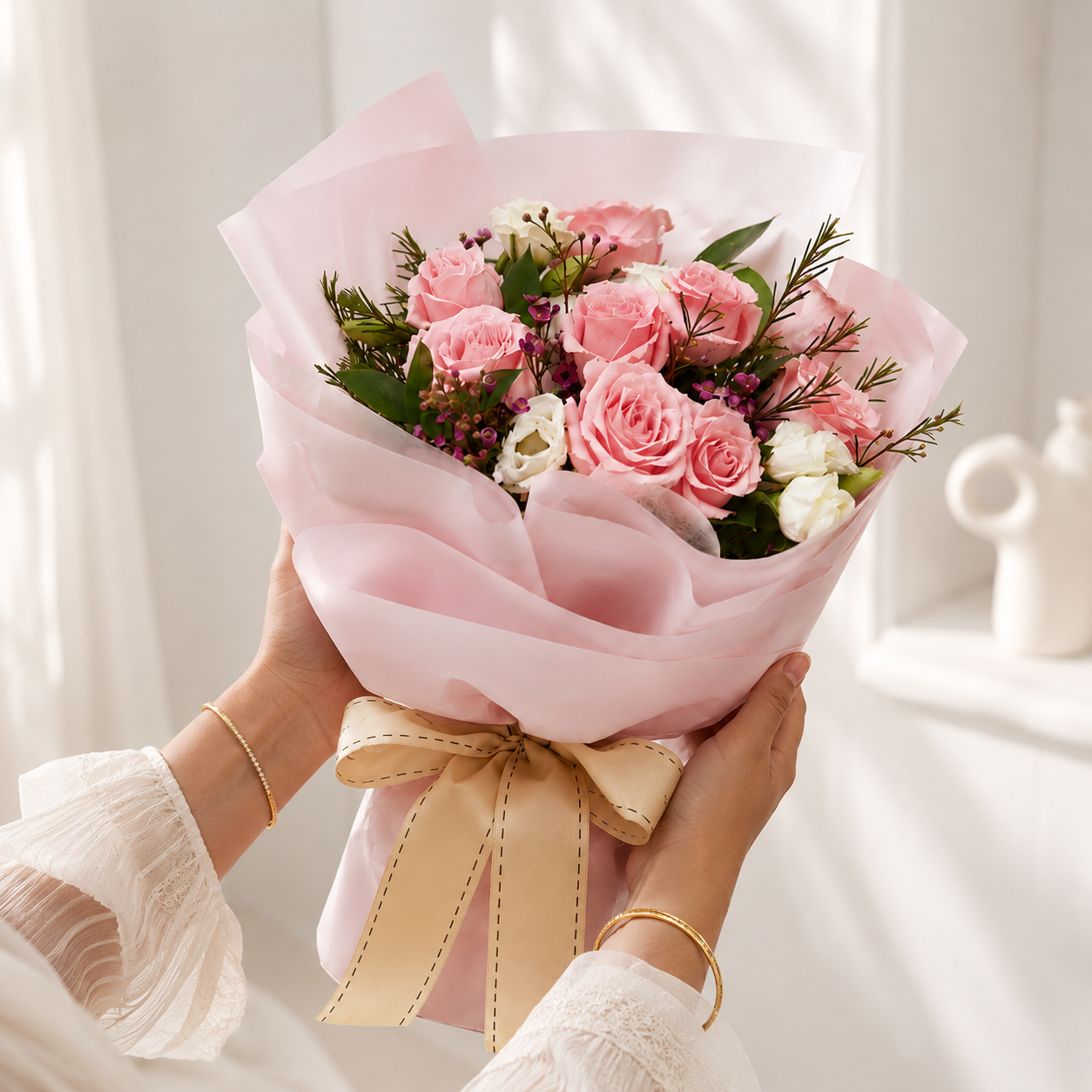 Affectionate Pink Roses with  Greens Filler