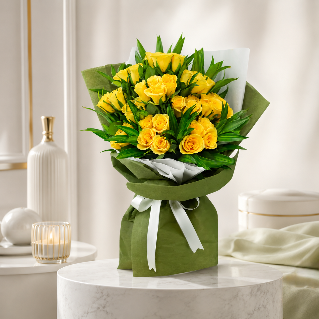 Affectionate 40 Yellow Roses with Green Fillers