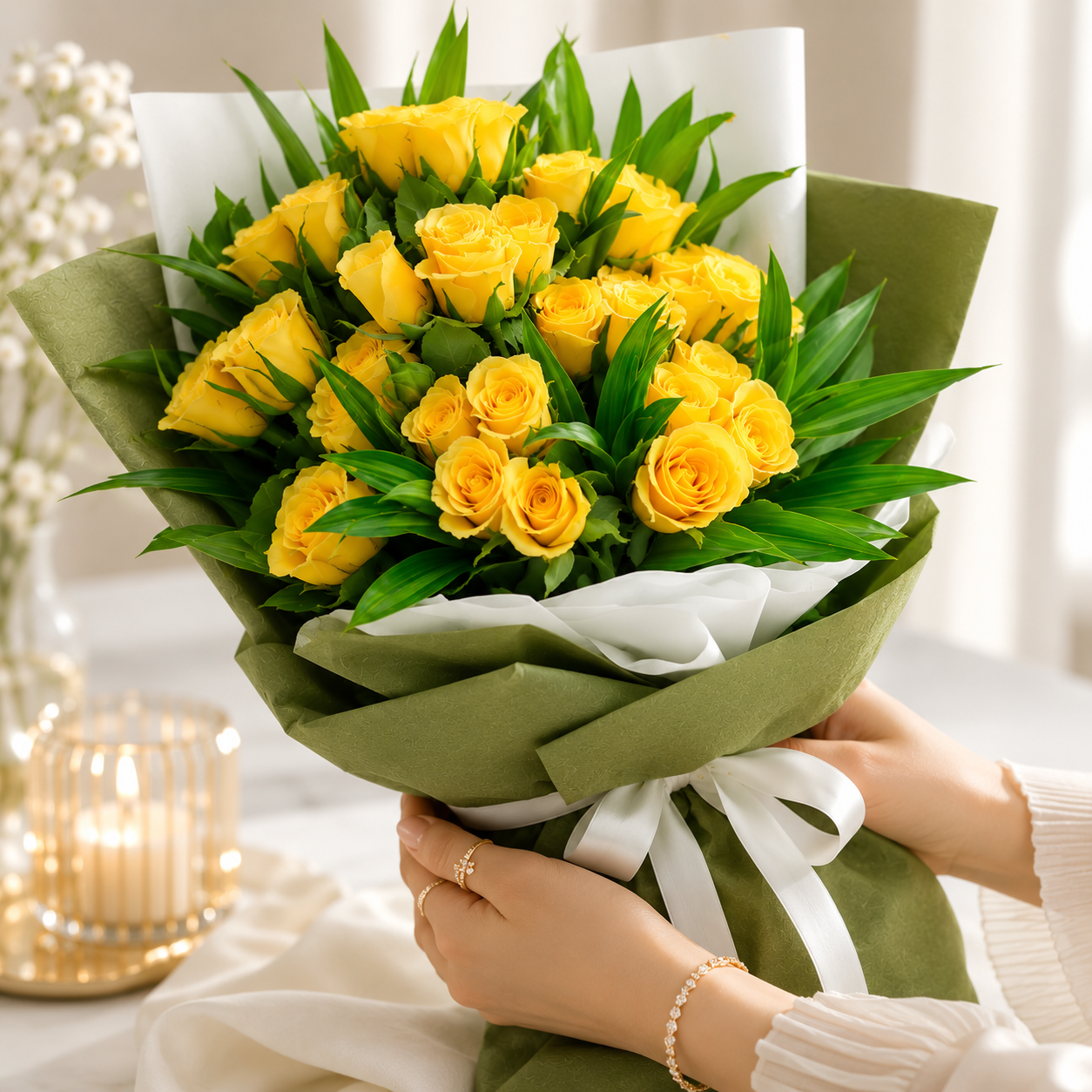 Affectionate 40 Yellow Roses with Green Fillers
