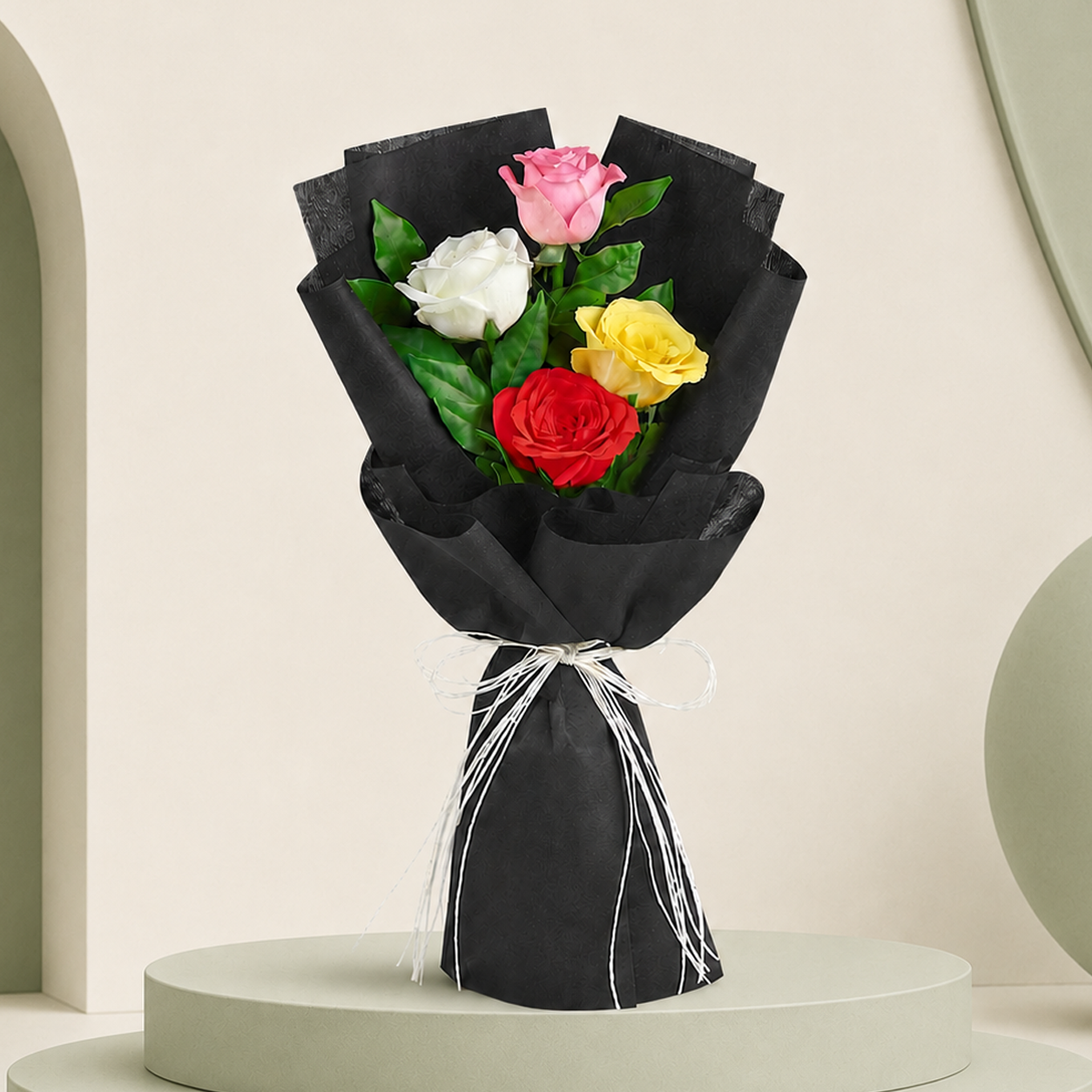 Elegant Mixed Rose Bouquet Wrapped in Black Paper