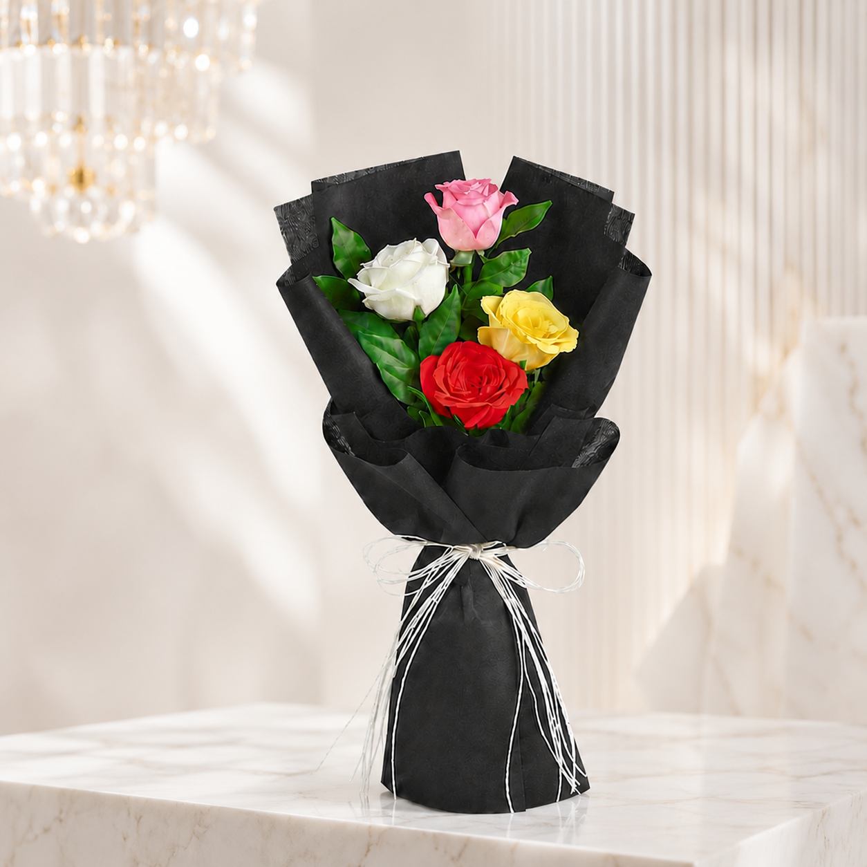 Elegant Mixed Rose Bouquet Wrapped in Black Paper