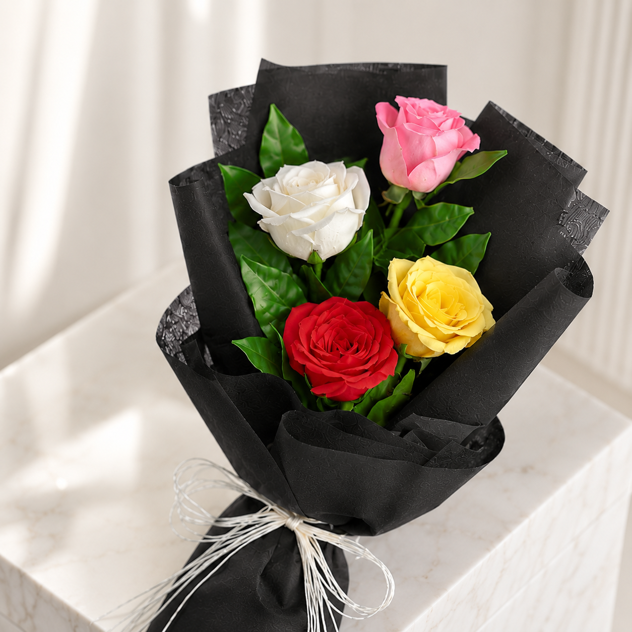 Elegant Mixed Rose Bouquet Wrapped in Black Paper