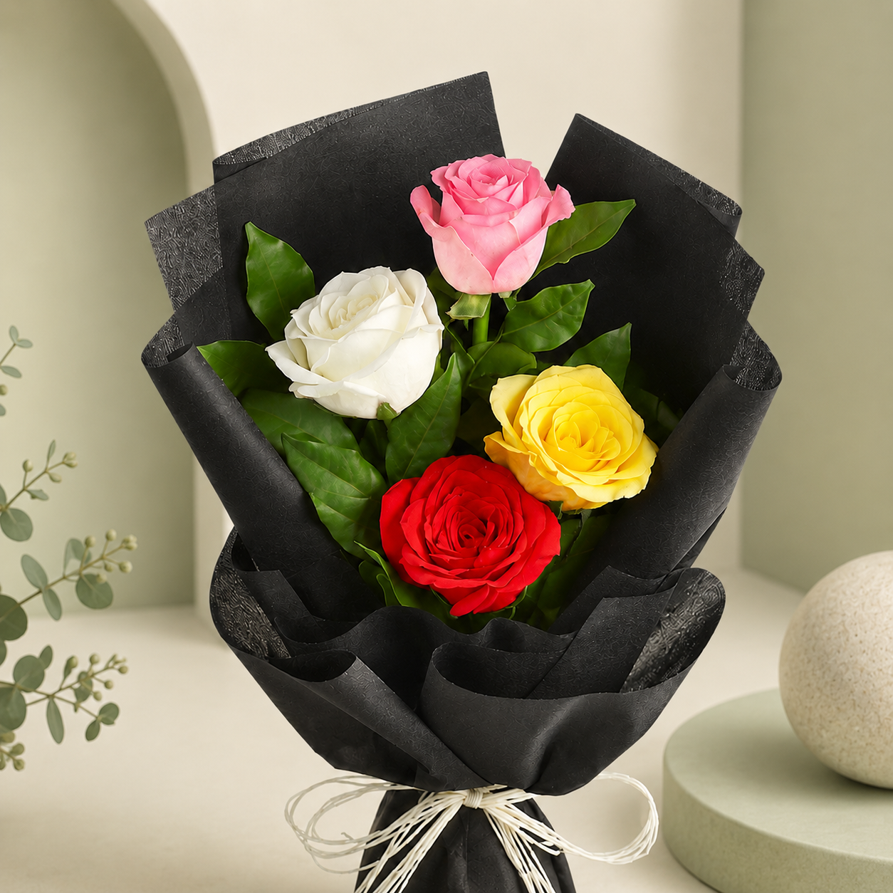 Elegant Mixed Rose Bouquet Wrapped in Black Paper