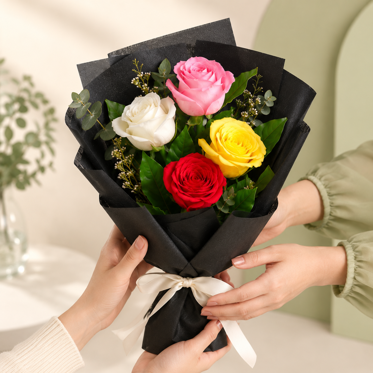 Elegant Mixed Rose Bouquet Wrapped in Black Paper