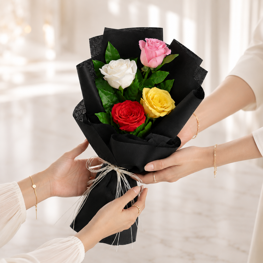 Elegant Mixed Rose Bouquet Wrapped in Black Paper