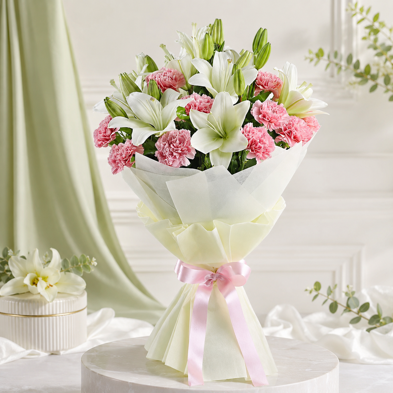 Elegant White Lily & Pink Carnation Bouquet