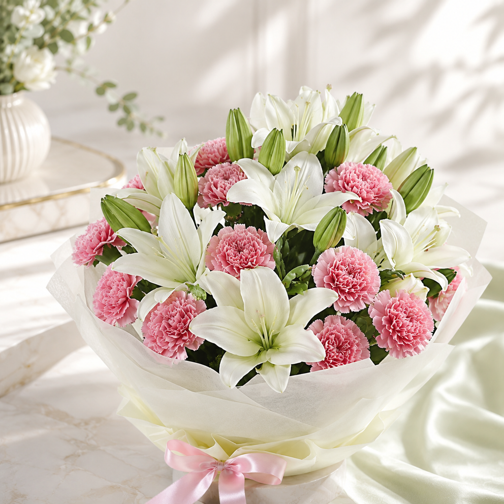 Elegant White Lily & Pink Carnation Bouquet