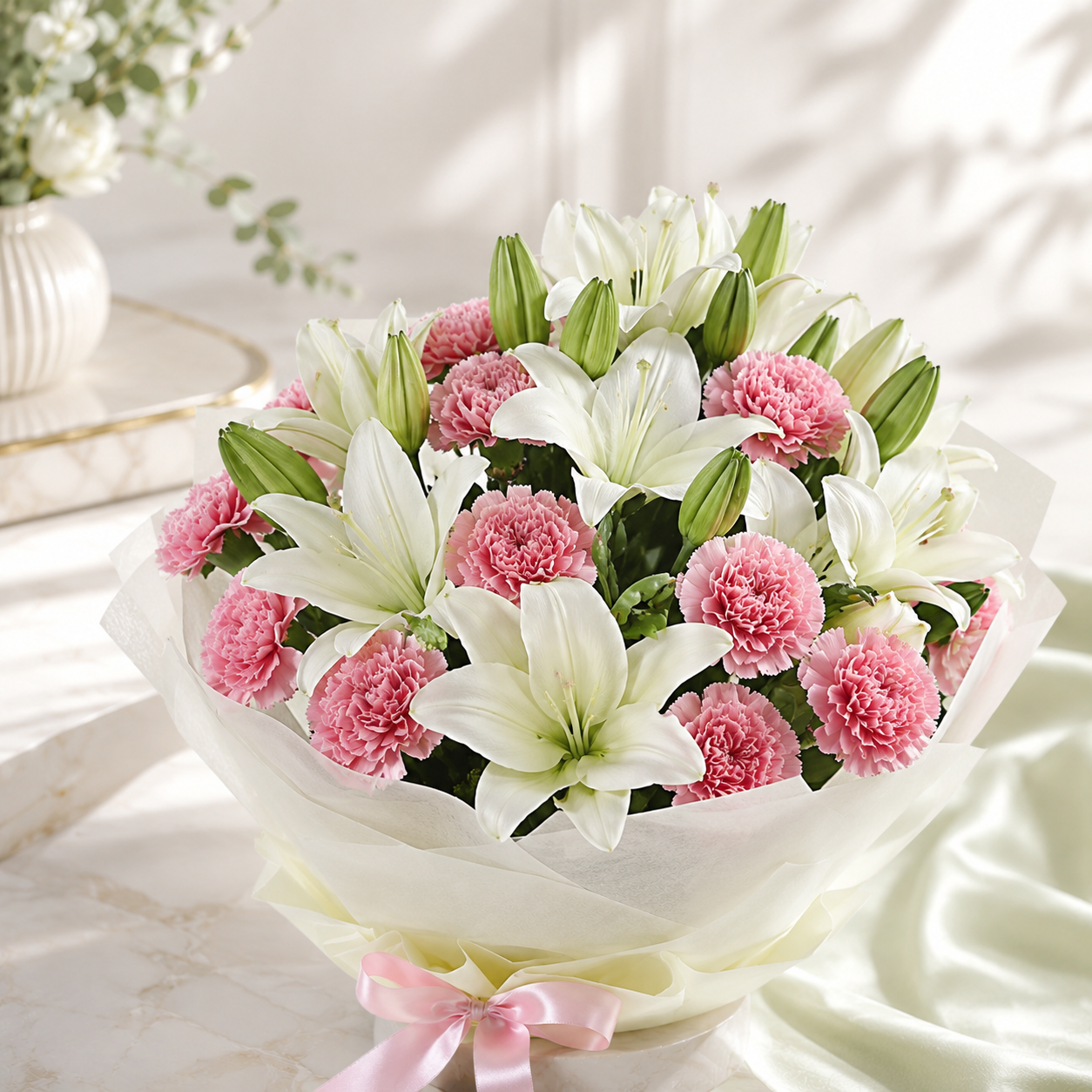 Elegant White Lily & Pink Carnation Bouquet