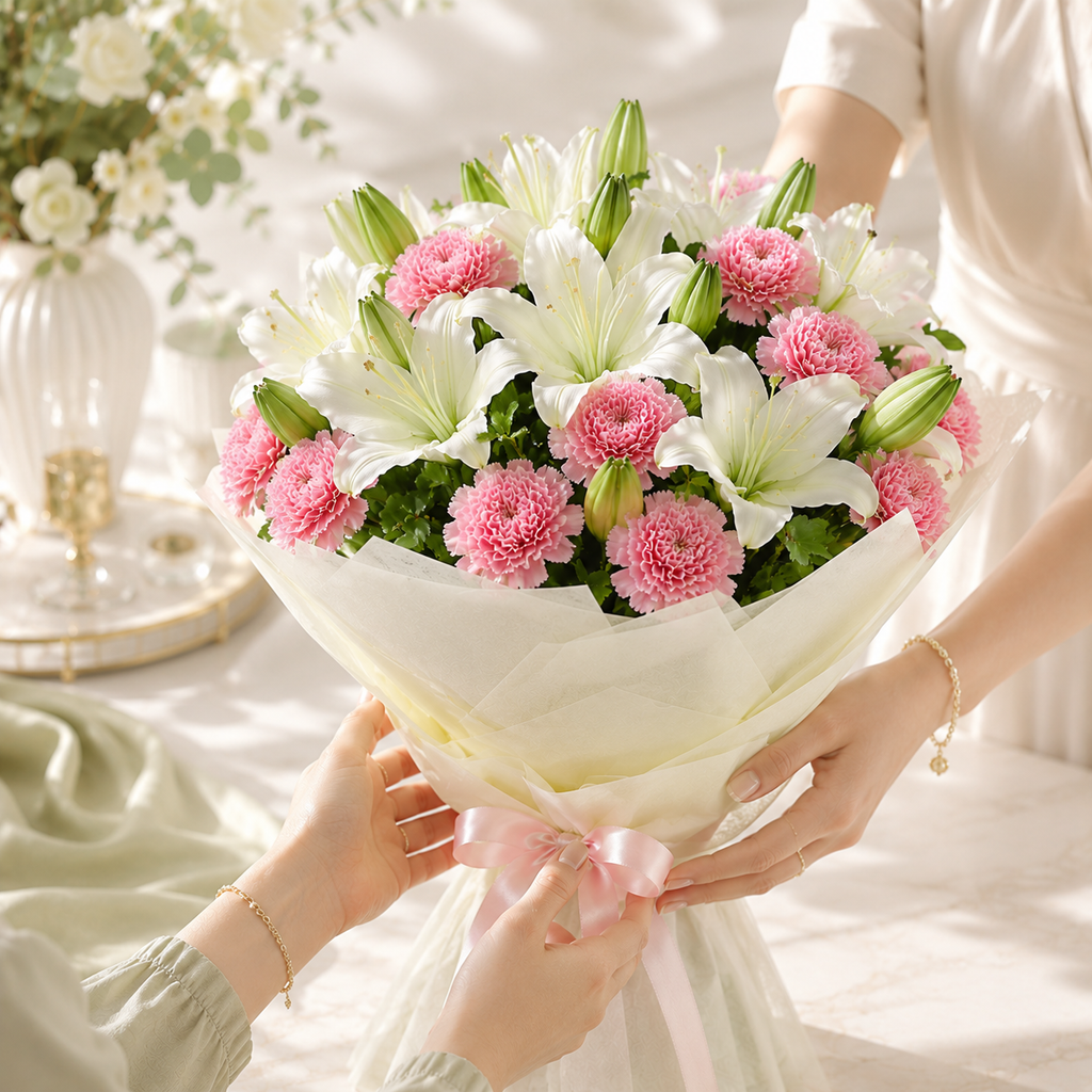 Elegant White Lily & Pink Carnation Bouquet