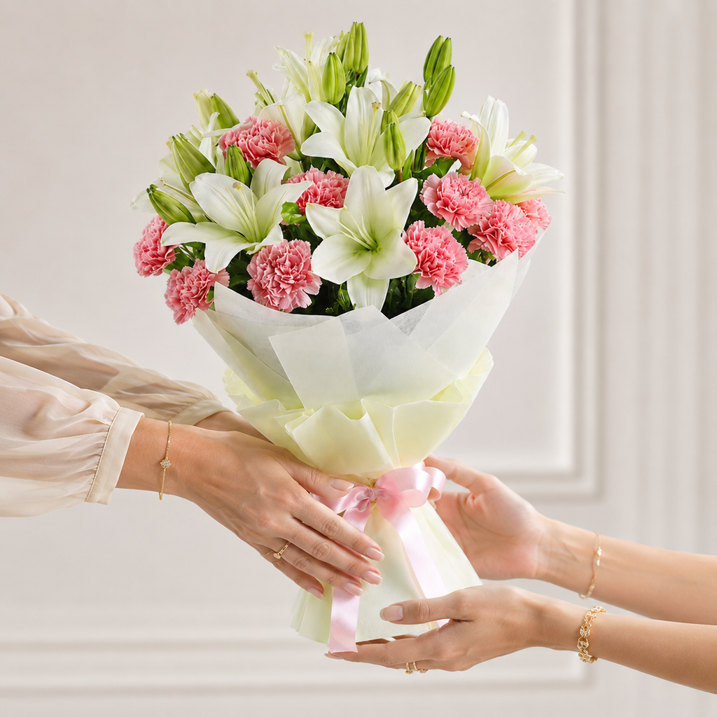 Elegant White Lily & Pink Carnation Bouquet