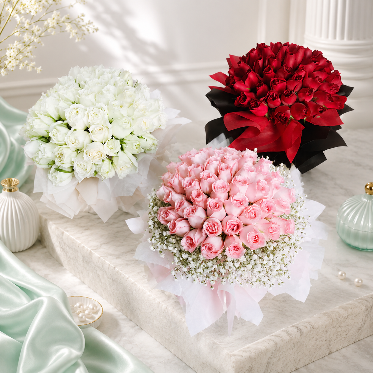 Combo of 3 Elegant Bouquets: Red, White & Pink Roses