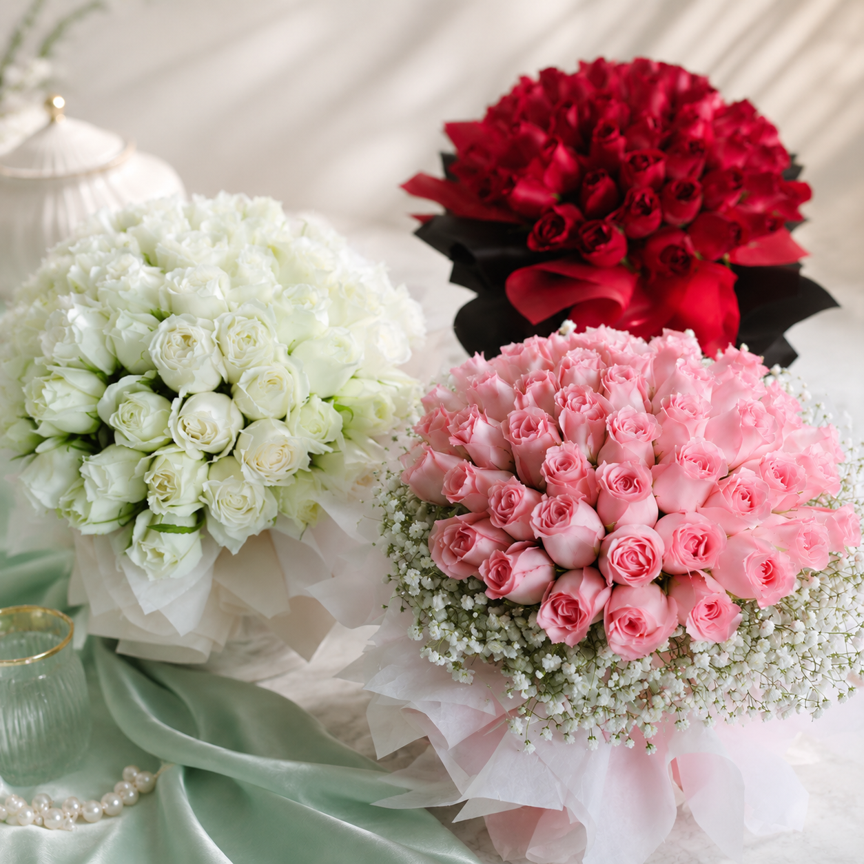 Combo of 3 Elegant Bouquets: Red, White & Pink Roses