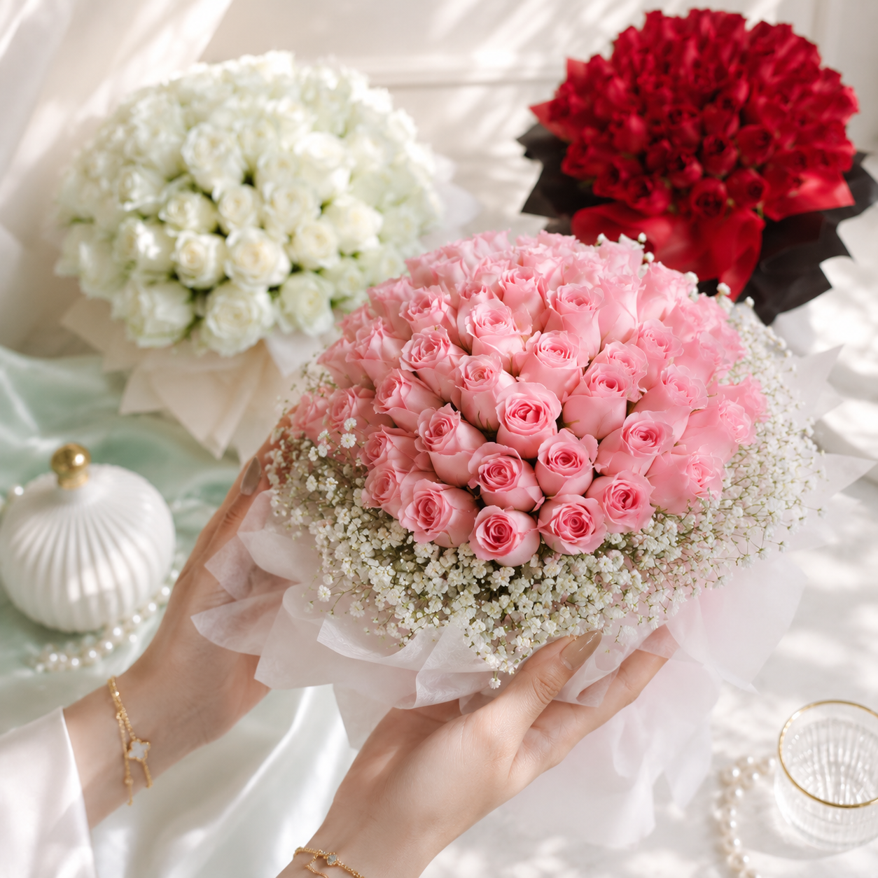 Combo of 3 Elegant Bouquets: Red, White & Pink Roses