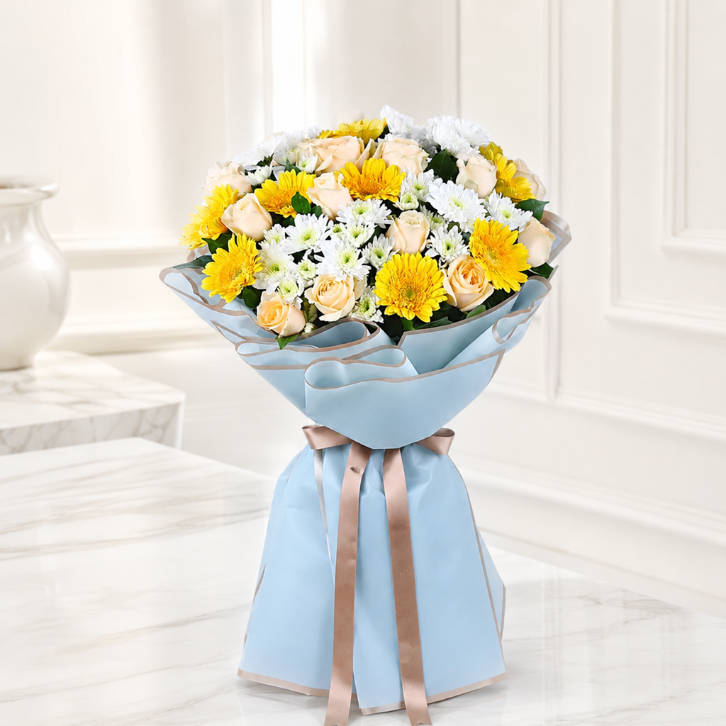Delicate Charm Peach Roses & Gerbera