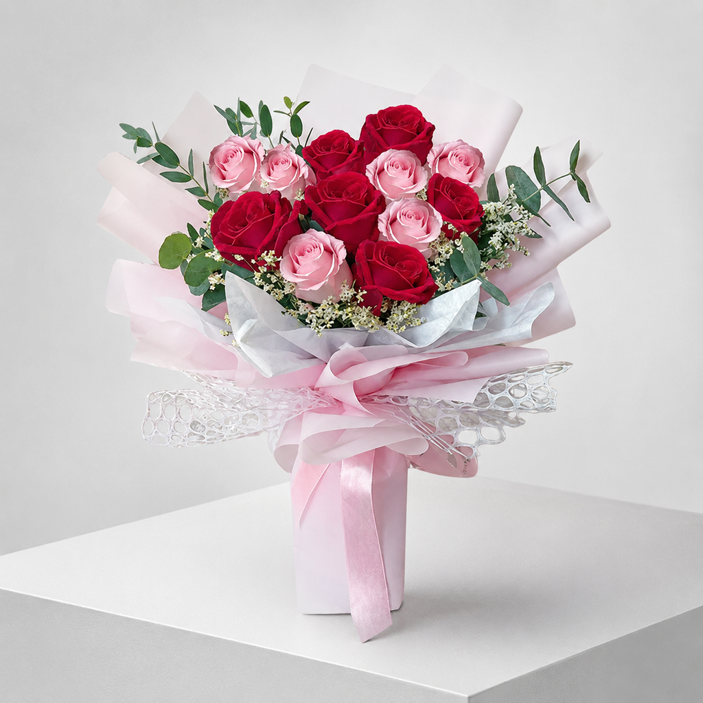 12 Dark Pink & Baby Pink Roses in Elegant Packaging