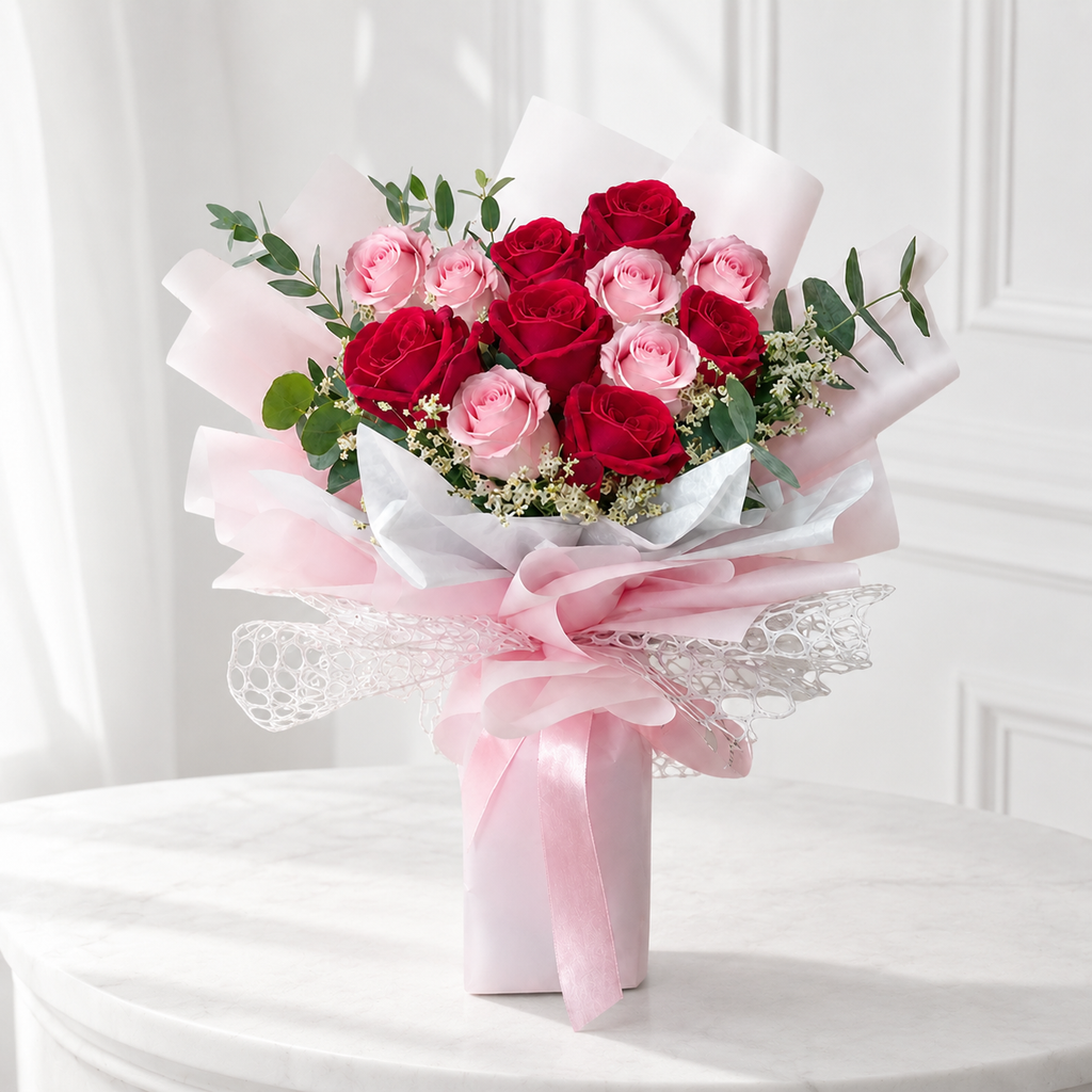 12 Dark Pink & Baby Pink Roses in Elegant Packaging