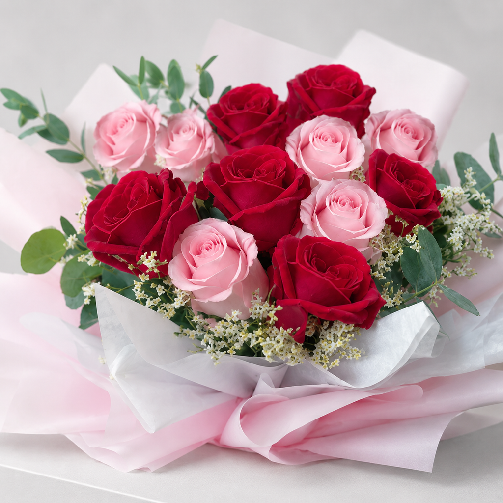 12 Dark Pink & Baby Pink Roses in Elegant Packaging