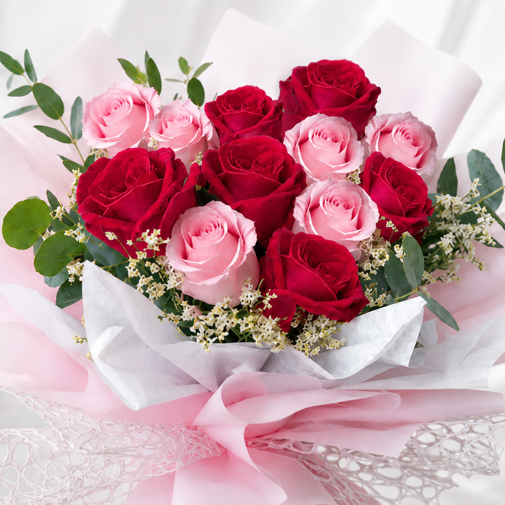 12 Dark Pink & Baby Pink Roses in Elegant Packaging