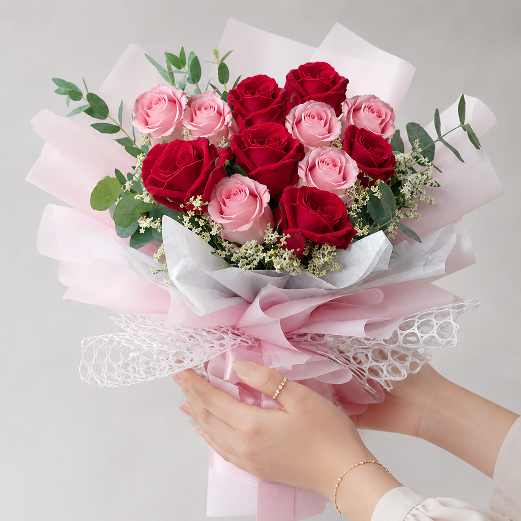 12 Dark Pink & Baby Pink Roses in Elegant Packaging