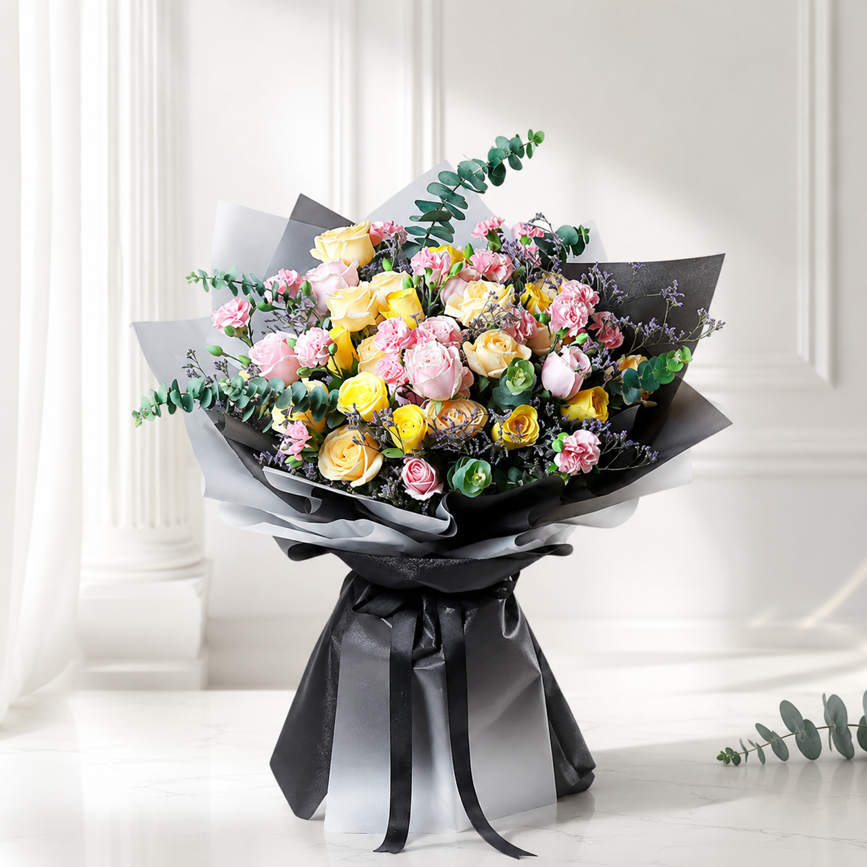 Hand-Tied Peach, Pink, Yellow Roses Bouquet