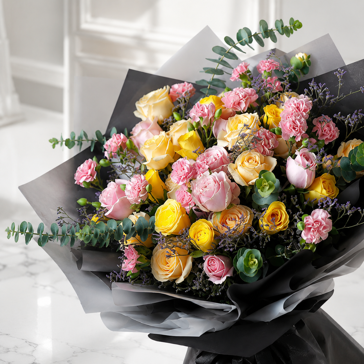 Hand-Tied Peach, Pink, Yellow Roses Bouquet
