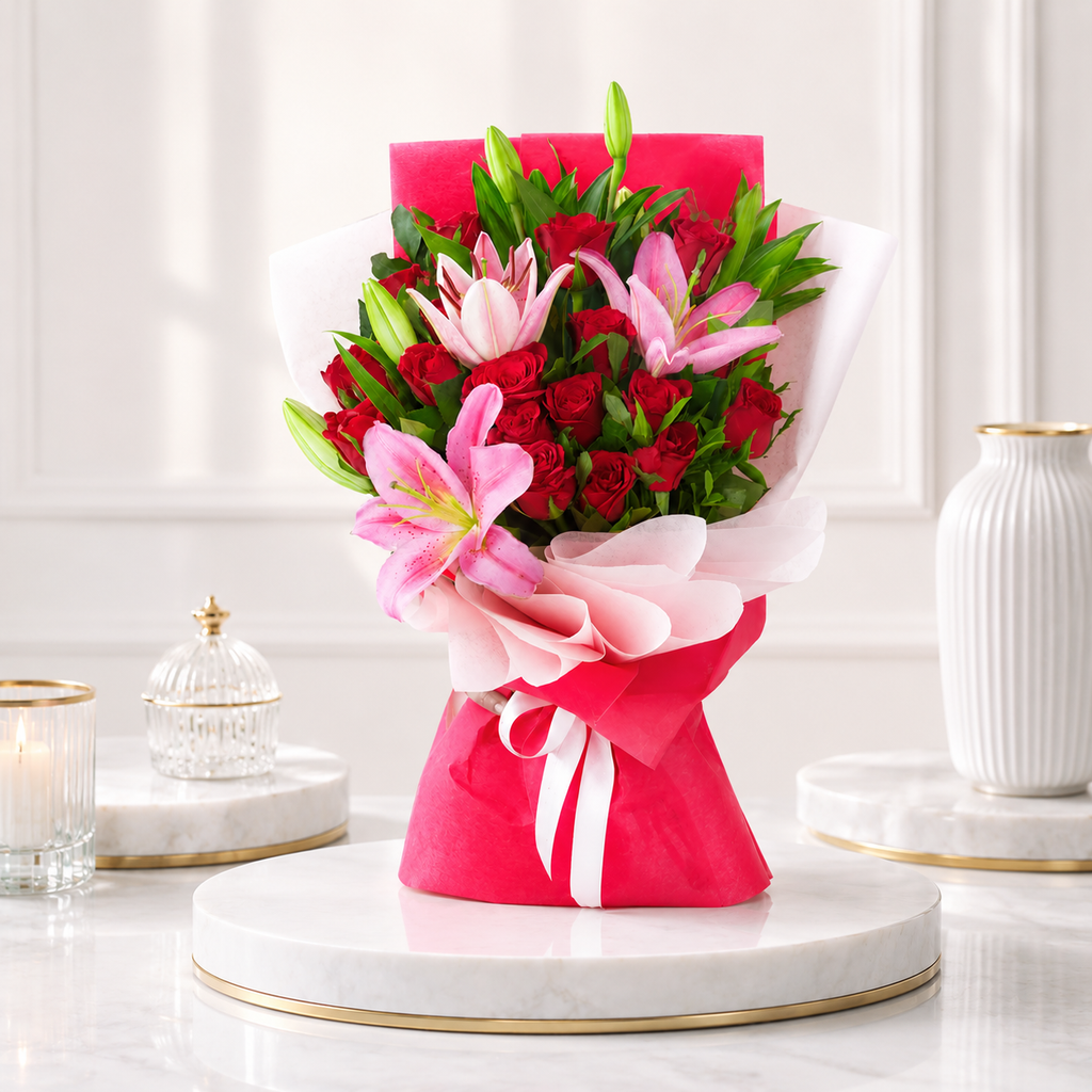 Lovely Red Rose & Pink Lily Bouquet