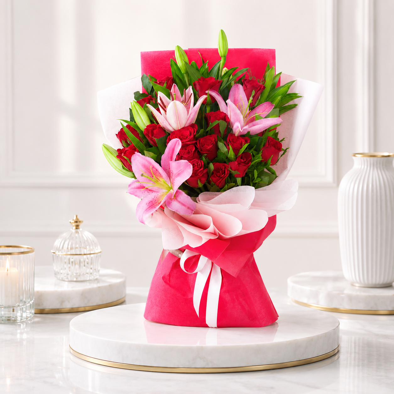 Lovely Red Rose & Pink Lily Bouquet