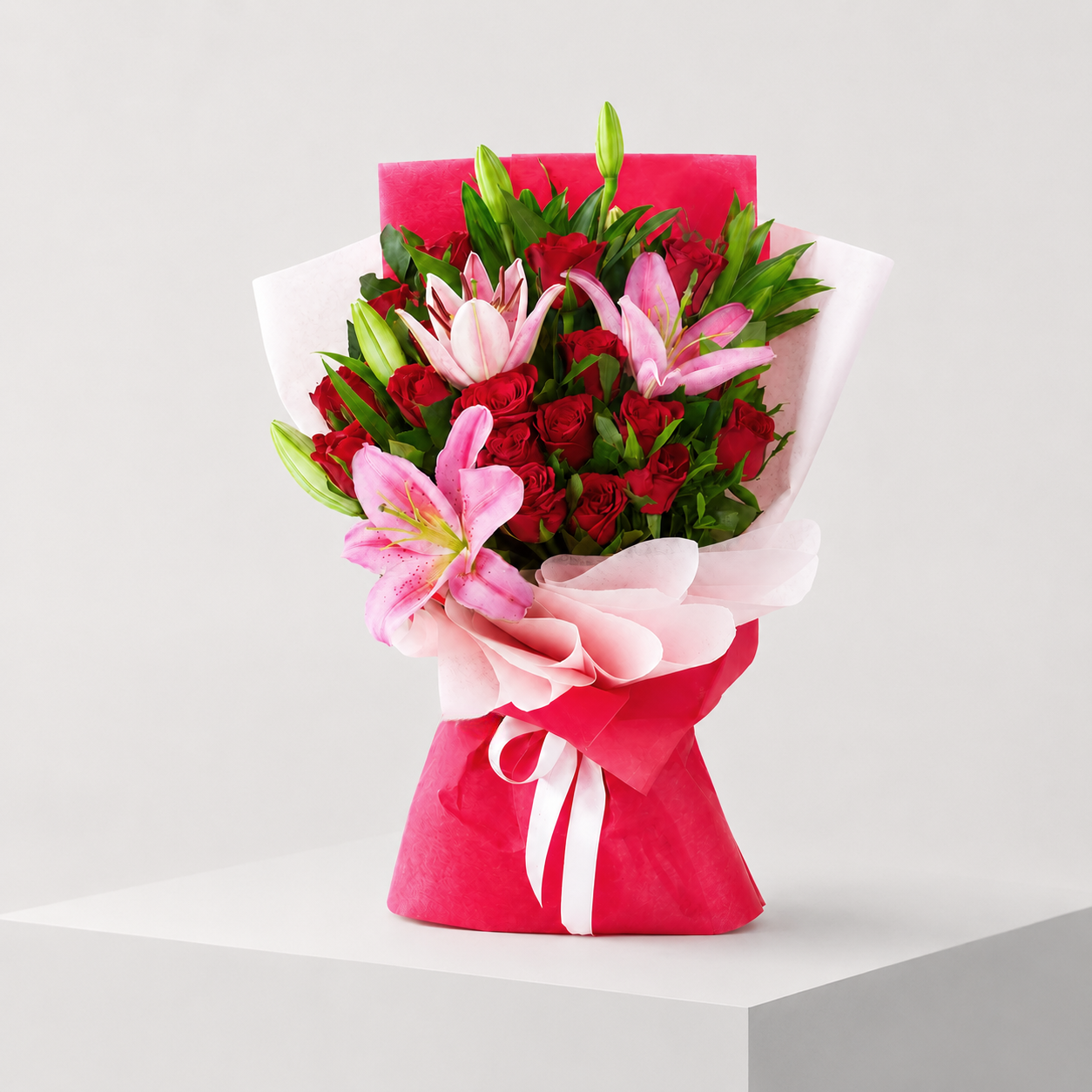 Lovely Red Rose & Pink Lily Bouquet