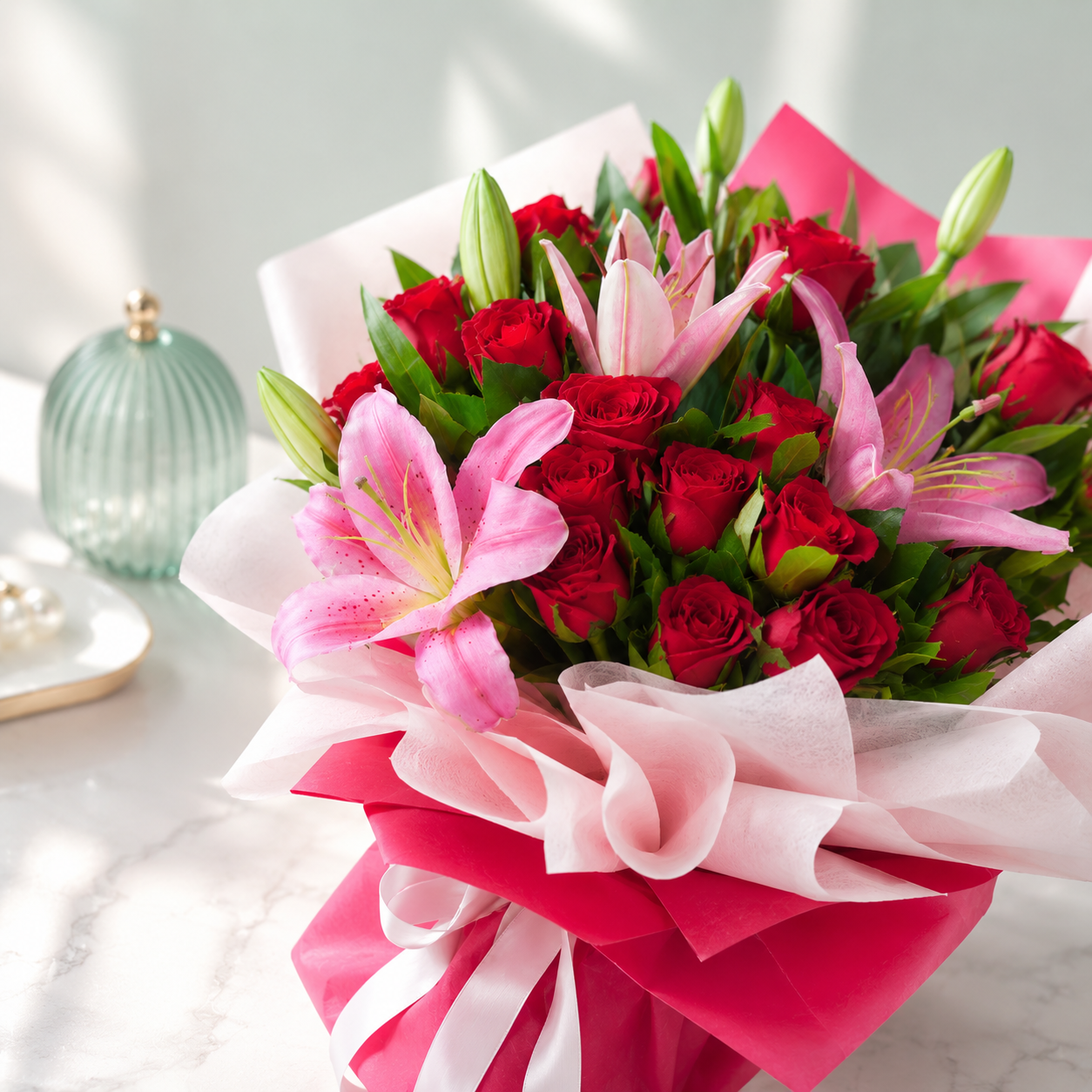 Lovely Red Rose & Pink Lily Bouquet