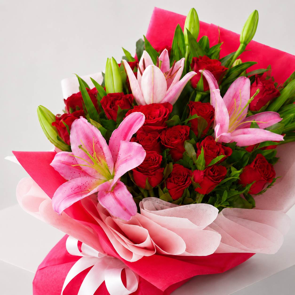 Lovely Red Rose & Pink Lily Bouquet