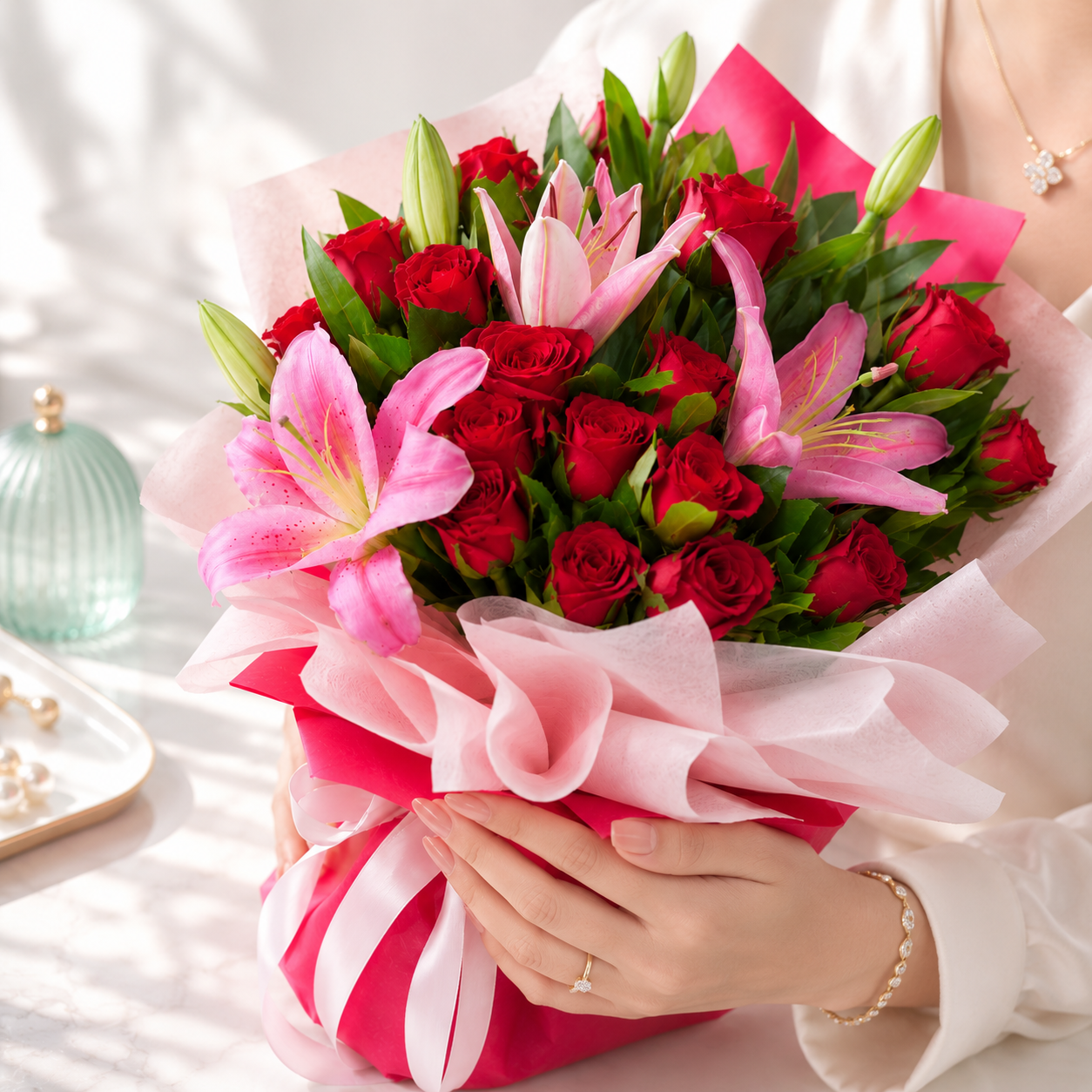 Lovely Red Rose & Pink Lily Bouquet