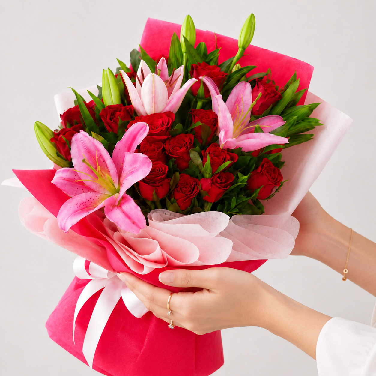 Lovely Red Rose & Pink Lily Bouquet
