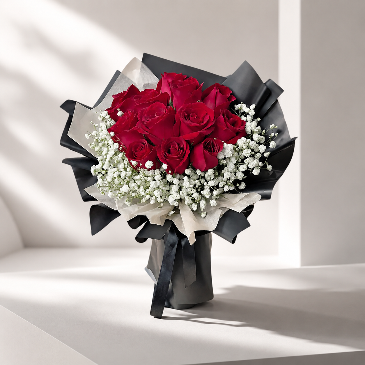 Love Special: 12 Red Roses with Black & White Wrapping