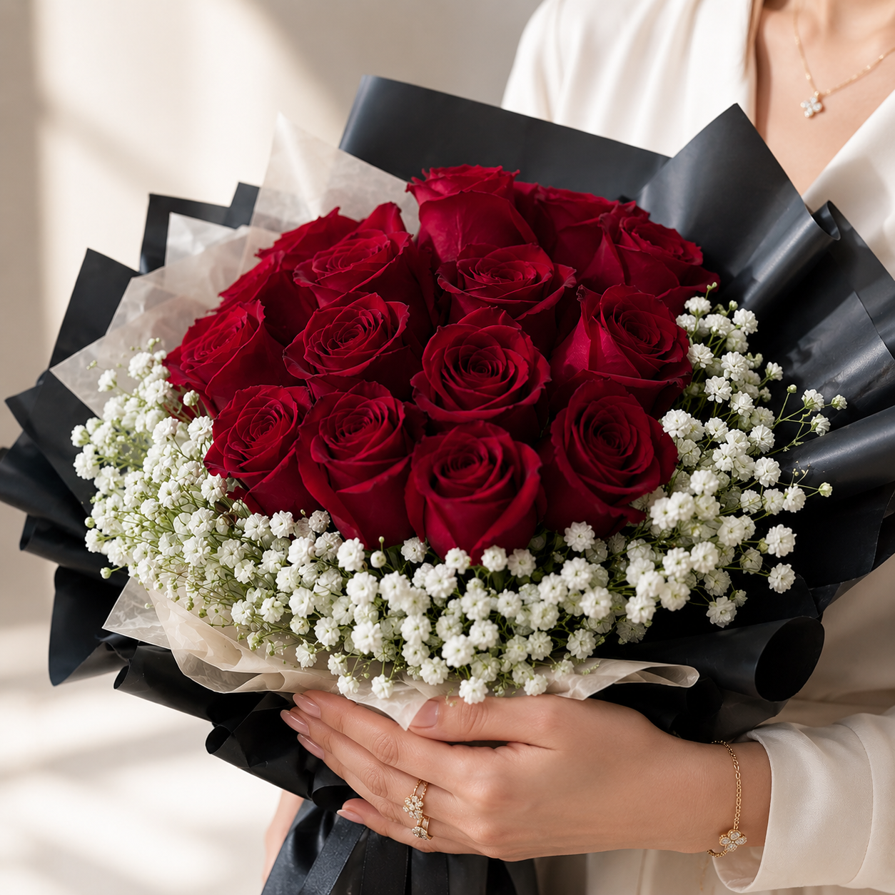 Love Special: 12 Red Roses with Black & White Wrapping