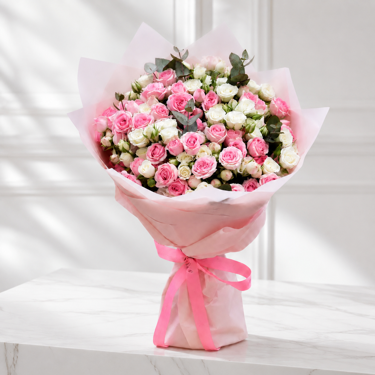 Miniature Pink & White Rose Bouquet - 75 Stems