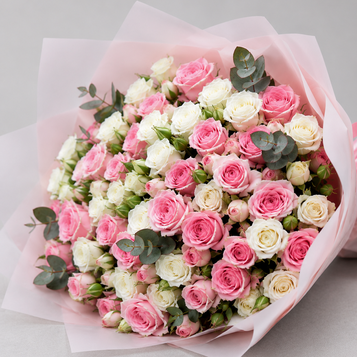 Miniature Pink & White Rose Bouquet - 75 Stems