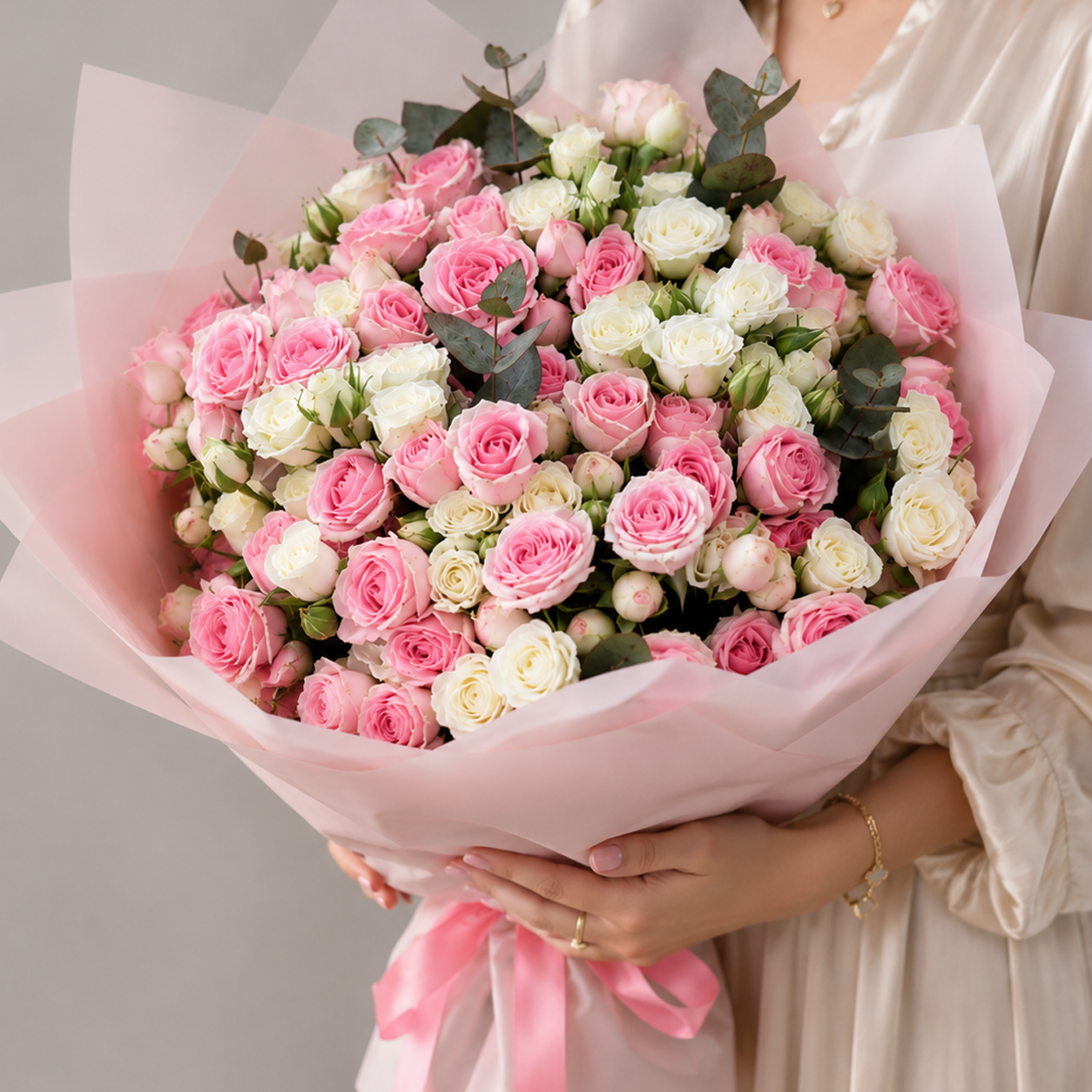 Miniature Pink & White Rose Bouquet - 75 Stems
