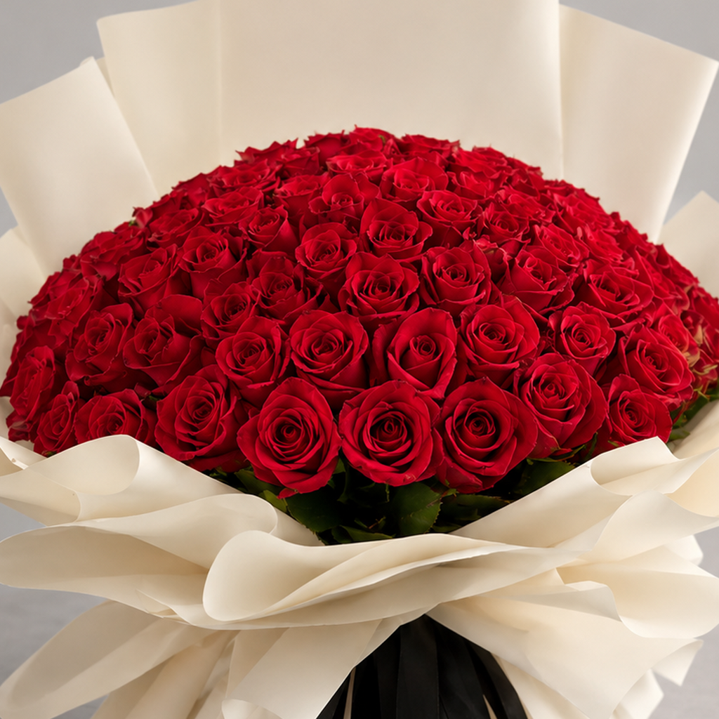 Modern Passion: 100 Red Roses Bouquet