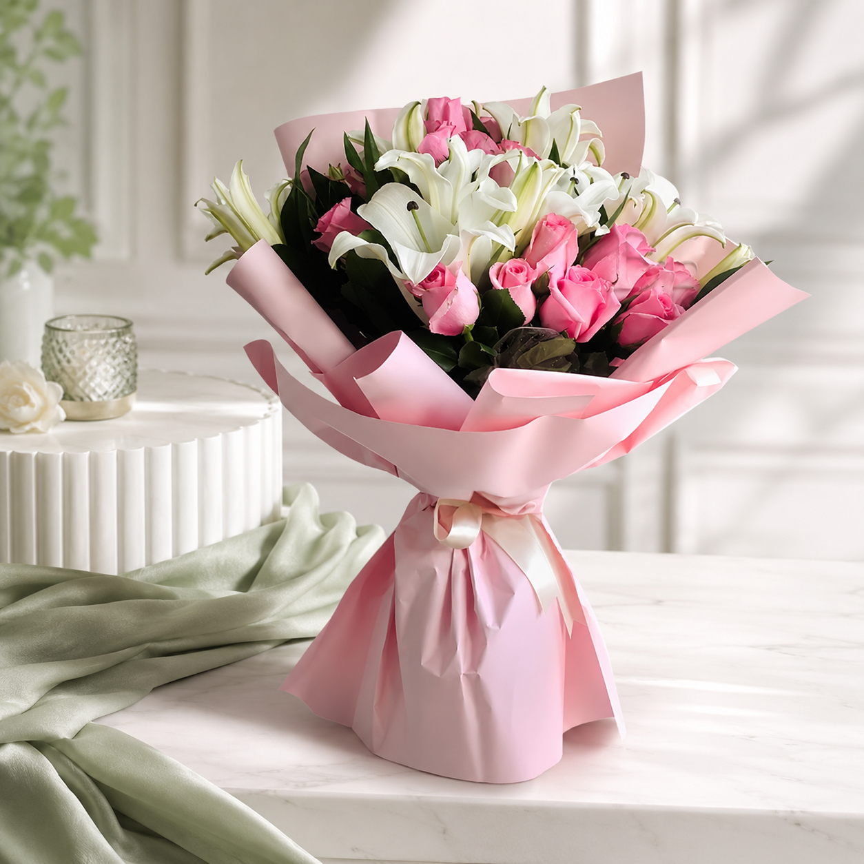 Purity Bouquet – Pink Roses & White Lilies