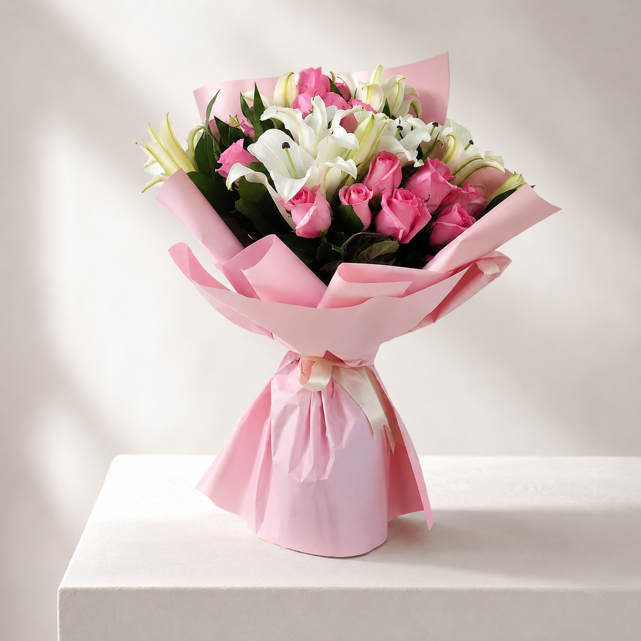 Purity Bouquet – Pink Roses & White Lilies