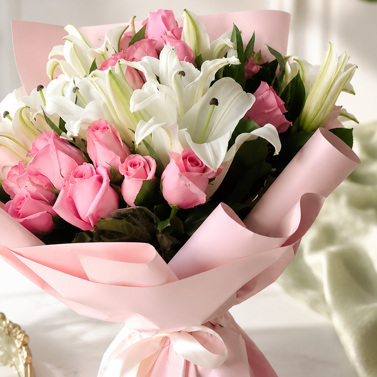 Purity Bouquet – Pink Roses & White Lilies