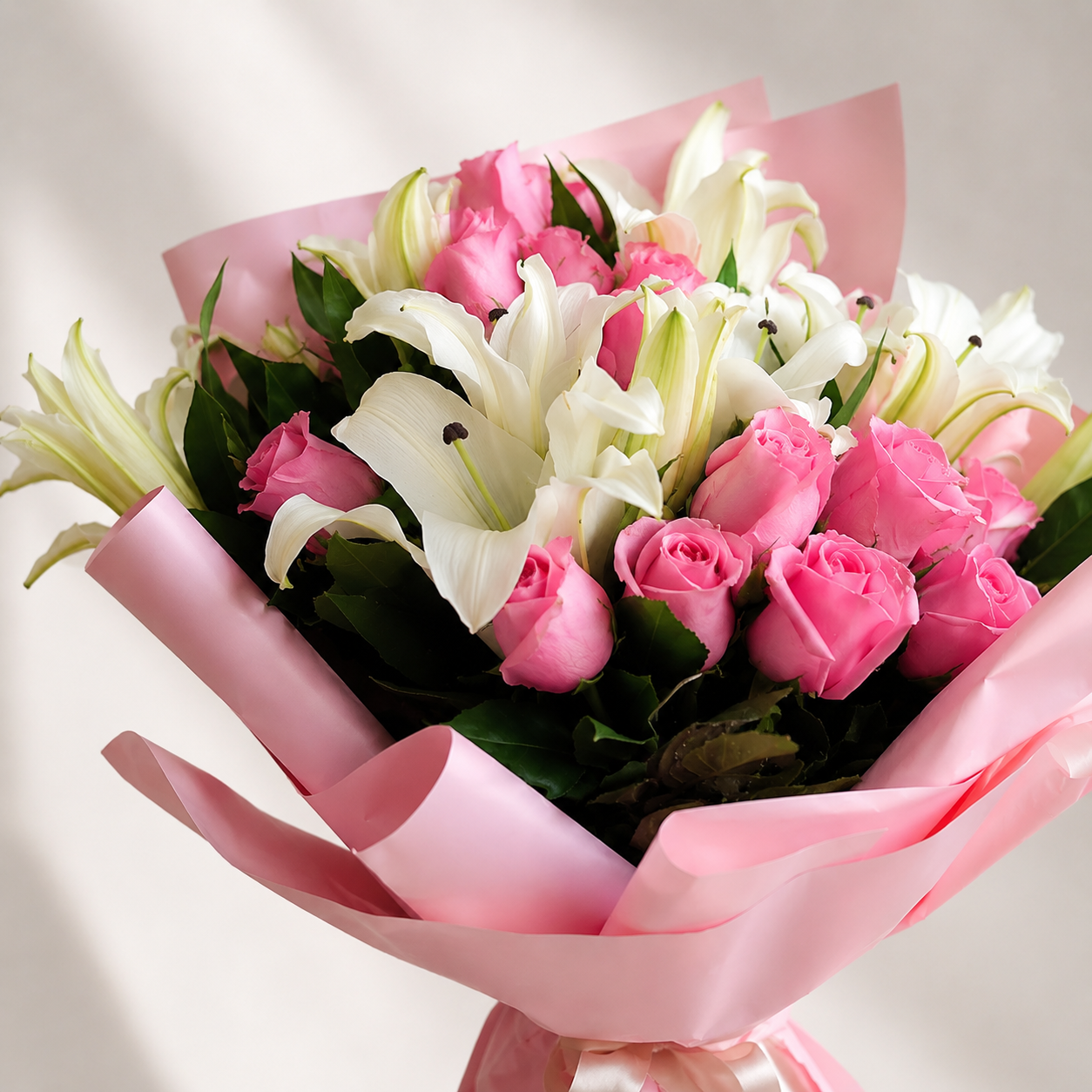 Purity Bouquet – Pink Roses & White Lilies