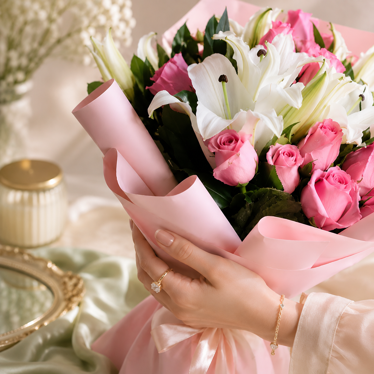 Purity Bouquet – Pink Roses & White Lilies